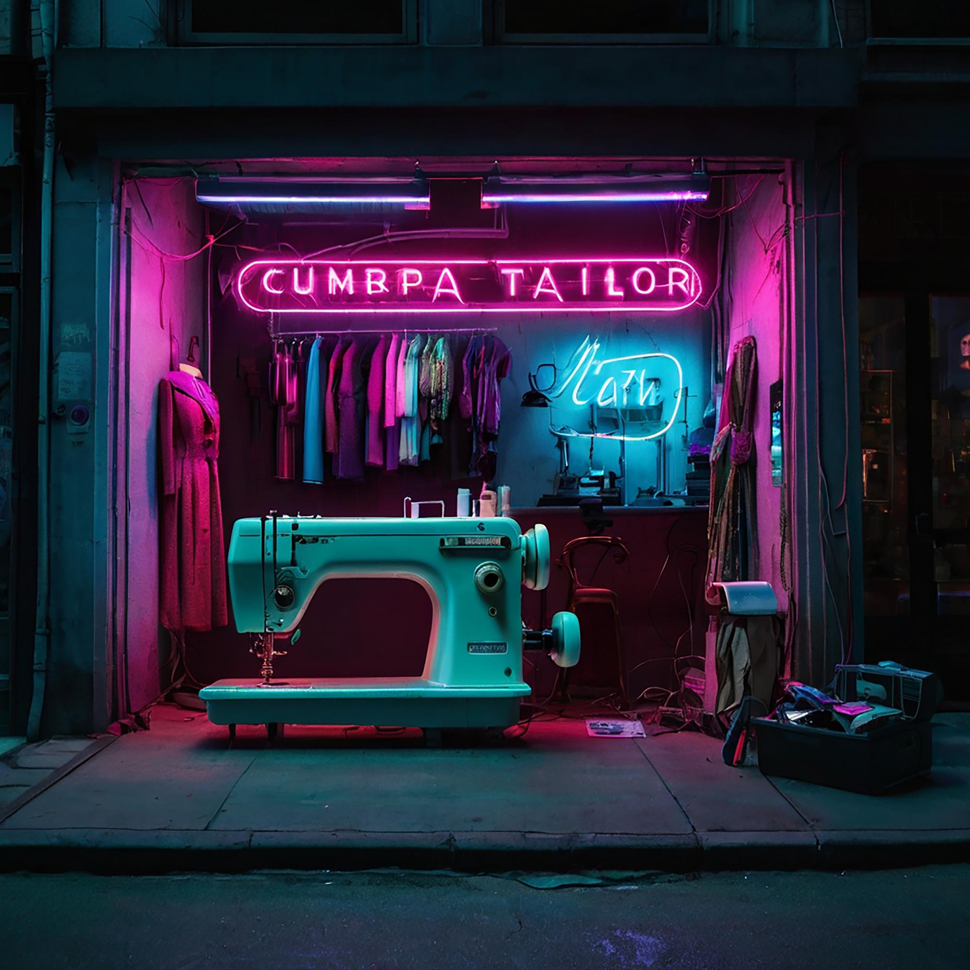workshop storefront with neon sign and sewing machines
